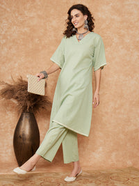 Thumbnail for InWeave Women's Sage Green Kantha Lace Wrok Kimono Sleeve Kurta Set - Distacart