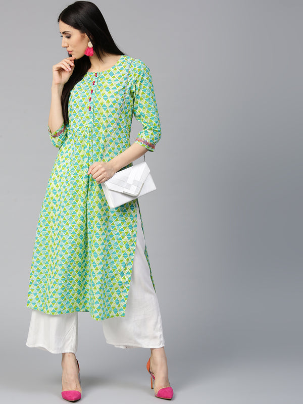Jaipur Kurti Women Blue & Green Printed Straight Kurta - Distacart
