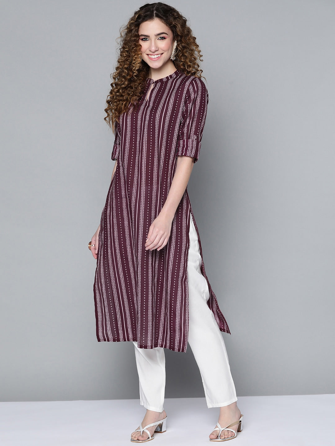 HERE&NOW Women Burgundy & White Printed Kurta - Distacart