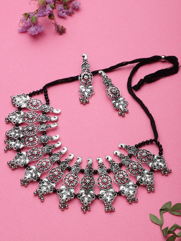 Cardinal Oxidised Silver-Plated Stone-Studded & Beaded Jewellery Set - Distacart