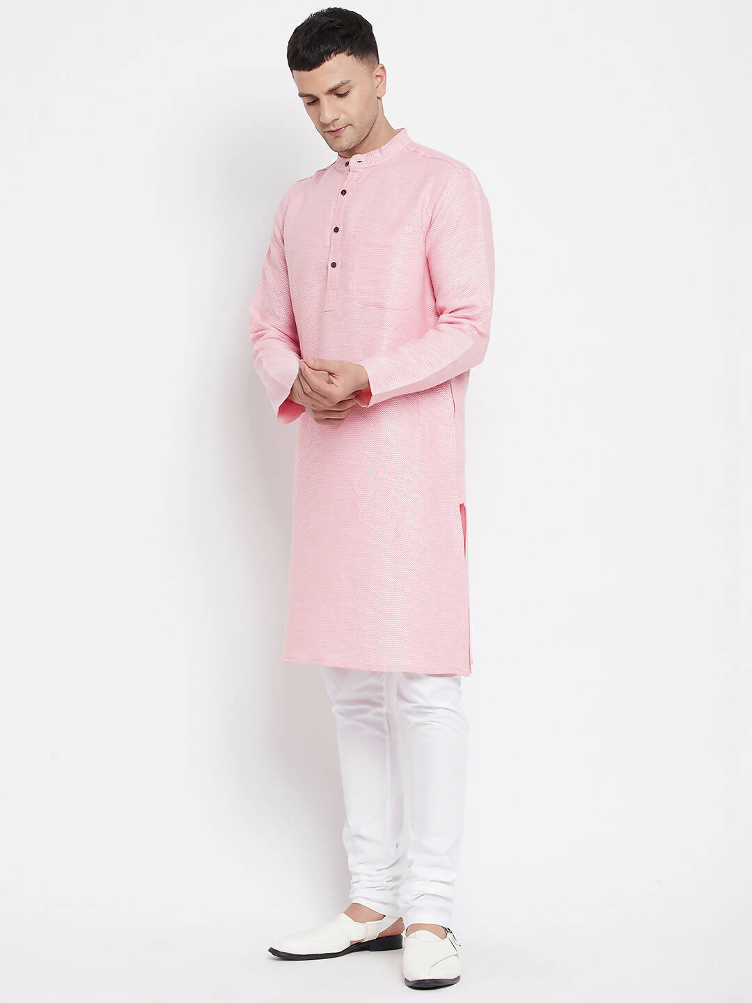 Even Apparels Pink Pure Cotton Men's Kurta With Band Collar - Distacart