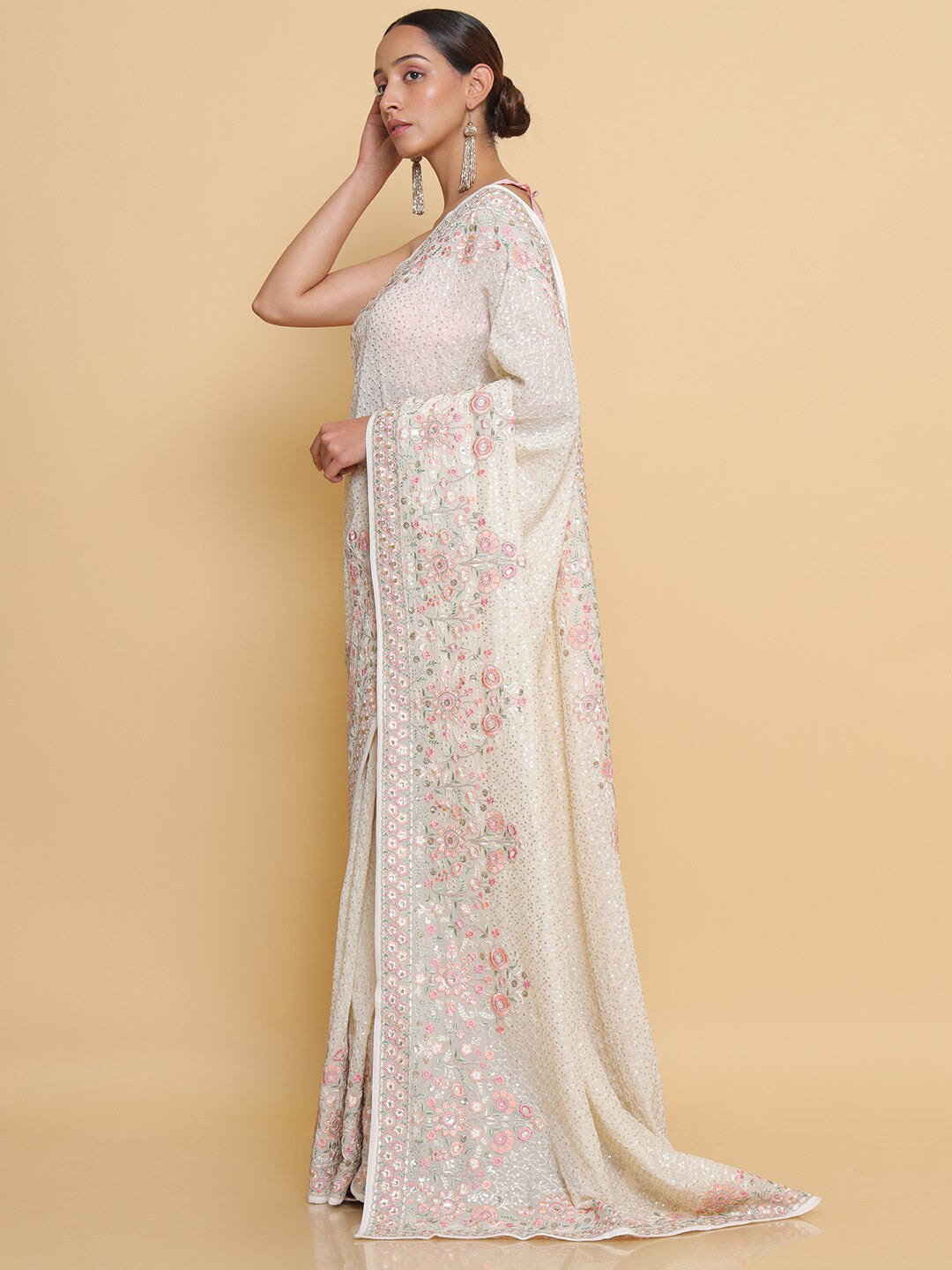 Soch Cream-Coloured & Red Floral Embroidered Pure Georgette Heavy Work Saree - Distacart