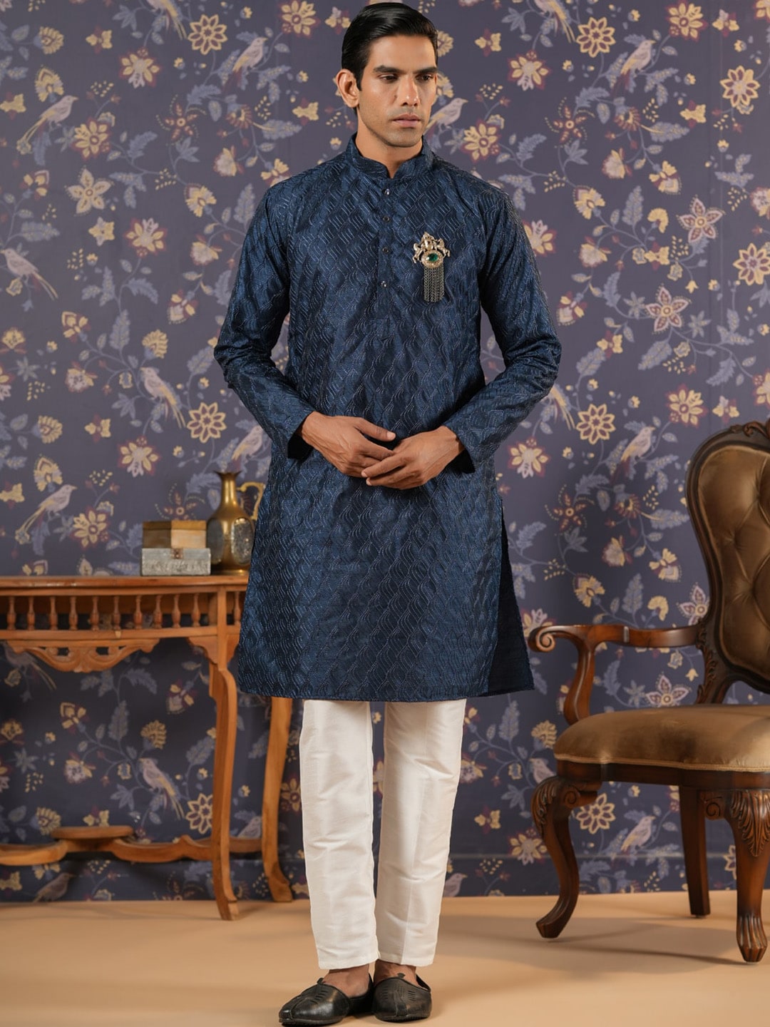 House of Pataudi Ethnic Motifs Embroidered Mandarin Collar Straight Kurta With Trouser - Distacart