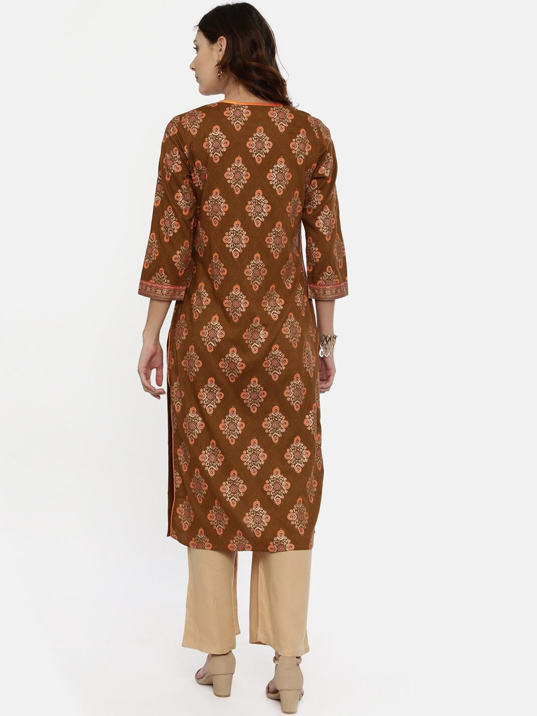 Souchii Brown & Mustard Printed Straight Kurta - Distacart