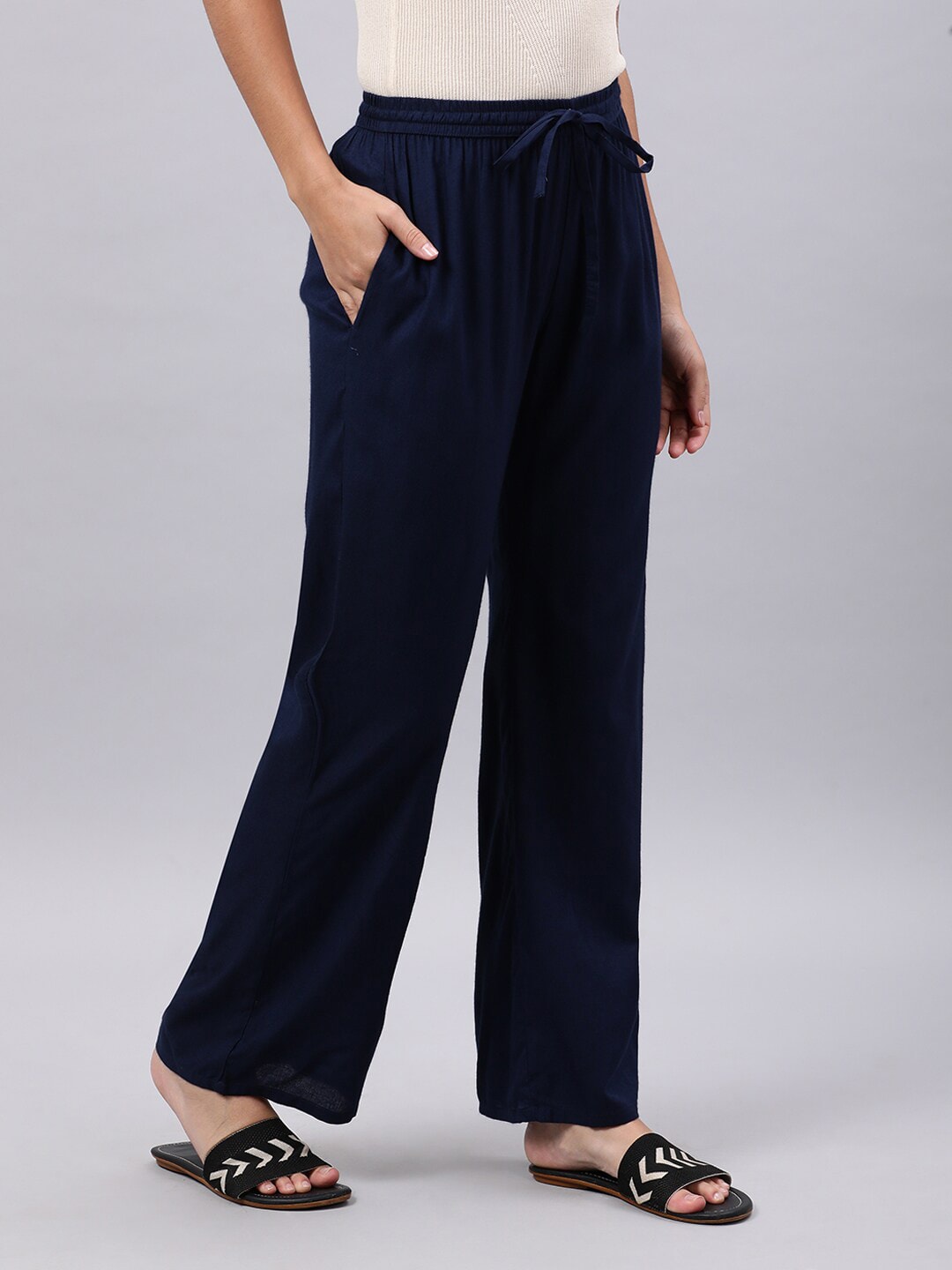 Souchii Navy Blue Liva Palazzos - Distacart