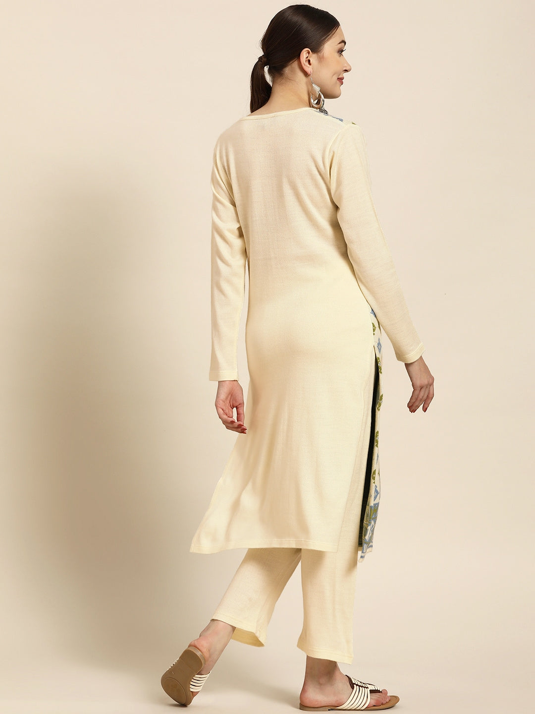 Sangria Women Off White Ethnic Motifs Self Design Winter Kurta with Trousers - Distacart