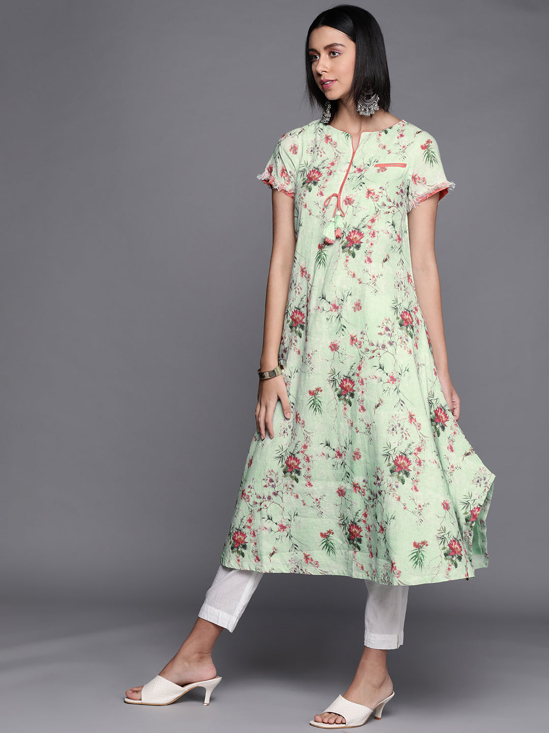 Biba Women Green & Pink Floral Printed Kurta - Distacart