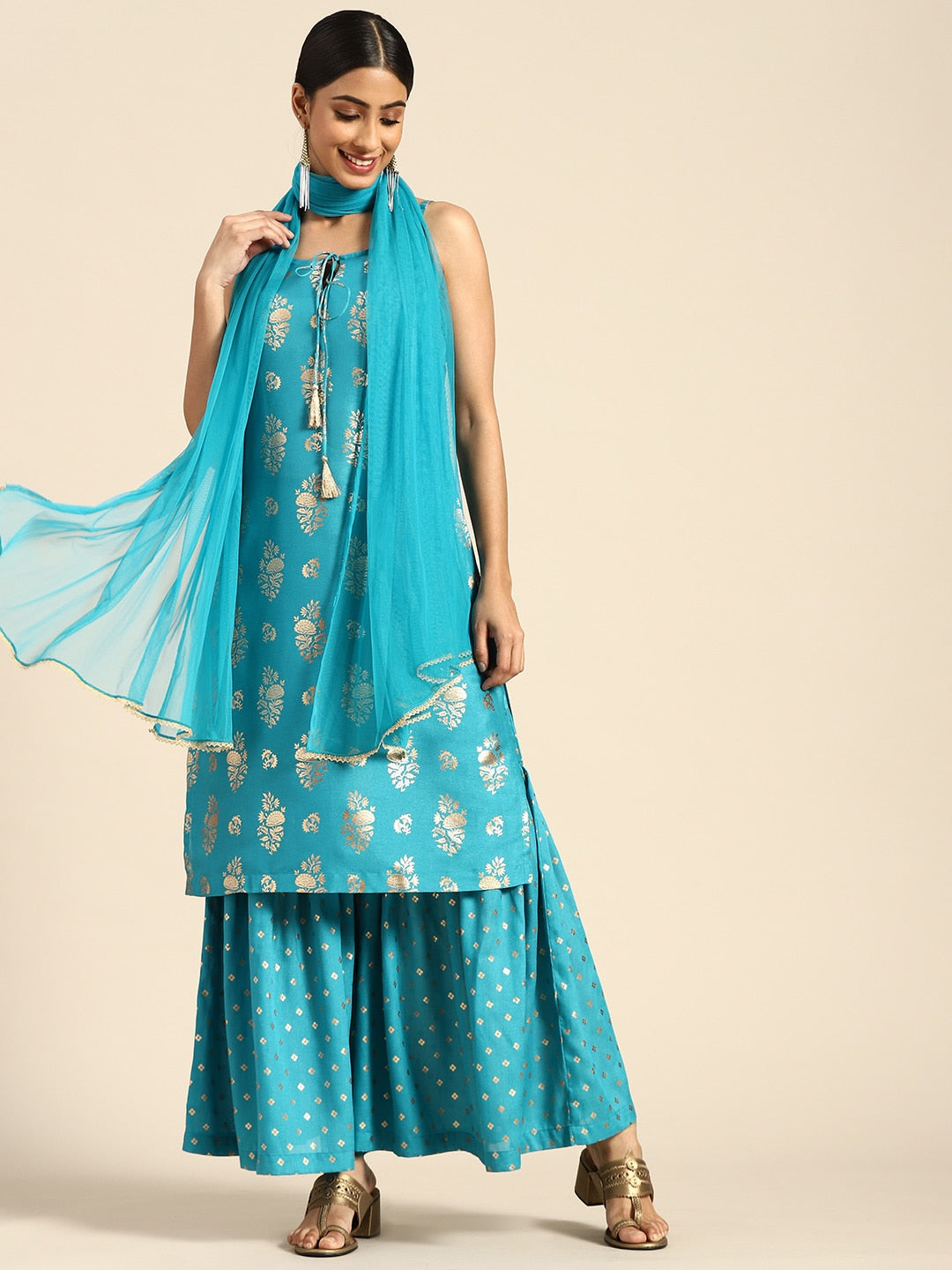 Sangria Women Blue & Golden Ethnic Motifs Printed Kurta with Sharara & Dupatta - Distacart