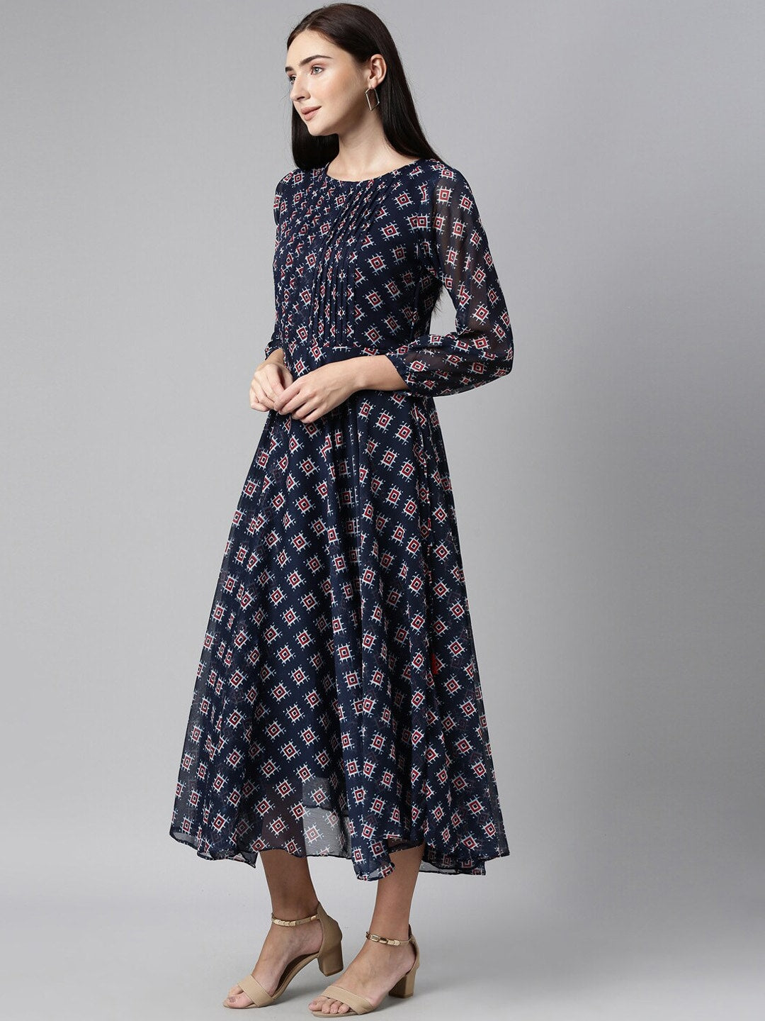 Souchii Blue & Red Ethnic Motifs Printed Chiffon Fit & Flare Midi Dress - Distacart