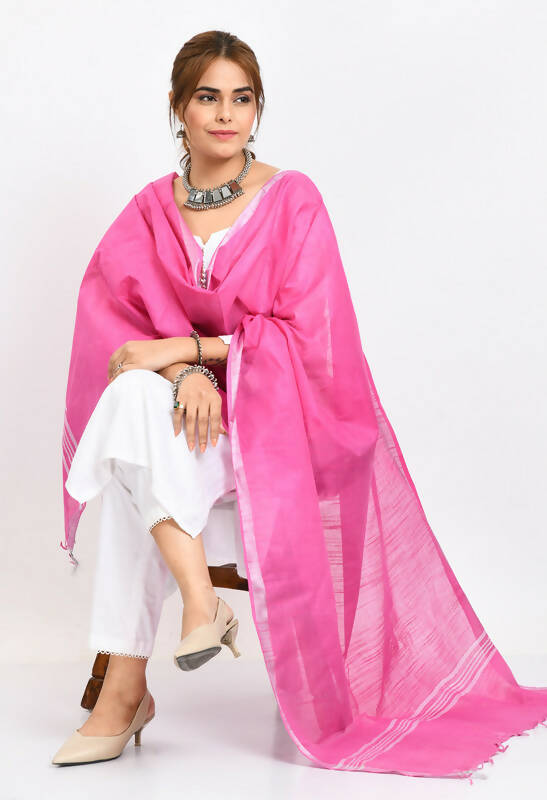 Mominos Fashion Moeza Women's Linen Cotton Silver Border Dark Pink Dupatta - Distacart