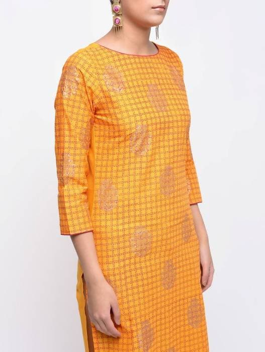 Aniyah Cotton Block Printed Yellow Straight Kurta (AN-137K)