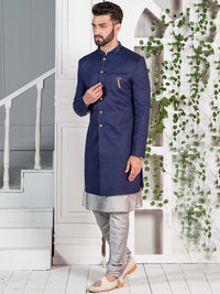 Thumbnail for KISAH Men Mandarin Collar Cotton Kurta Sherwani Set - Distacart