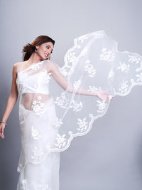 Thumbnail for Mitera White Ethnic Motifs Embroidered Net Saree - Distacart