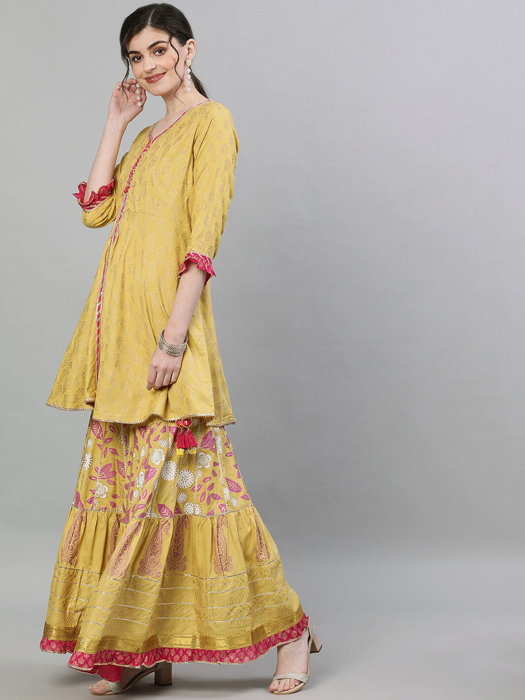 Ishin Women Mustard & Pink Printed Kurti with Sharara & Dupatta - Distacart