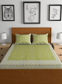 Thumbnail for Urban Magic Green & White Ethnic Motifs Cotton 104 TC Queen Bedsheet with 2 Pillow Covers - Distacart