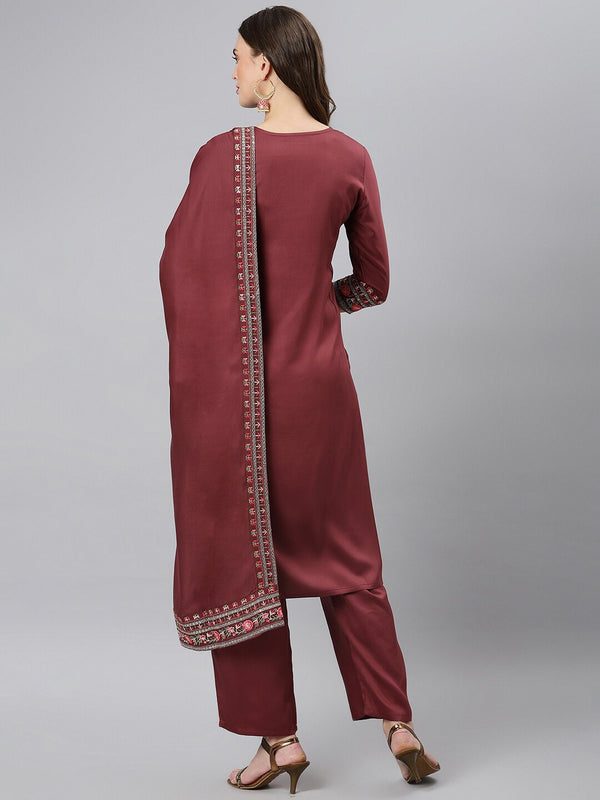 Khushal K Women Burgundy Floral Yoke Design Panelled Kurta with Trousers - Distacart