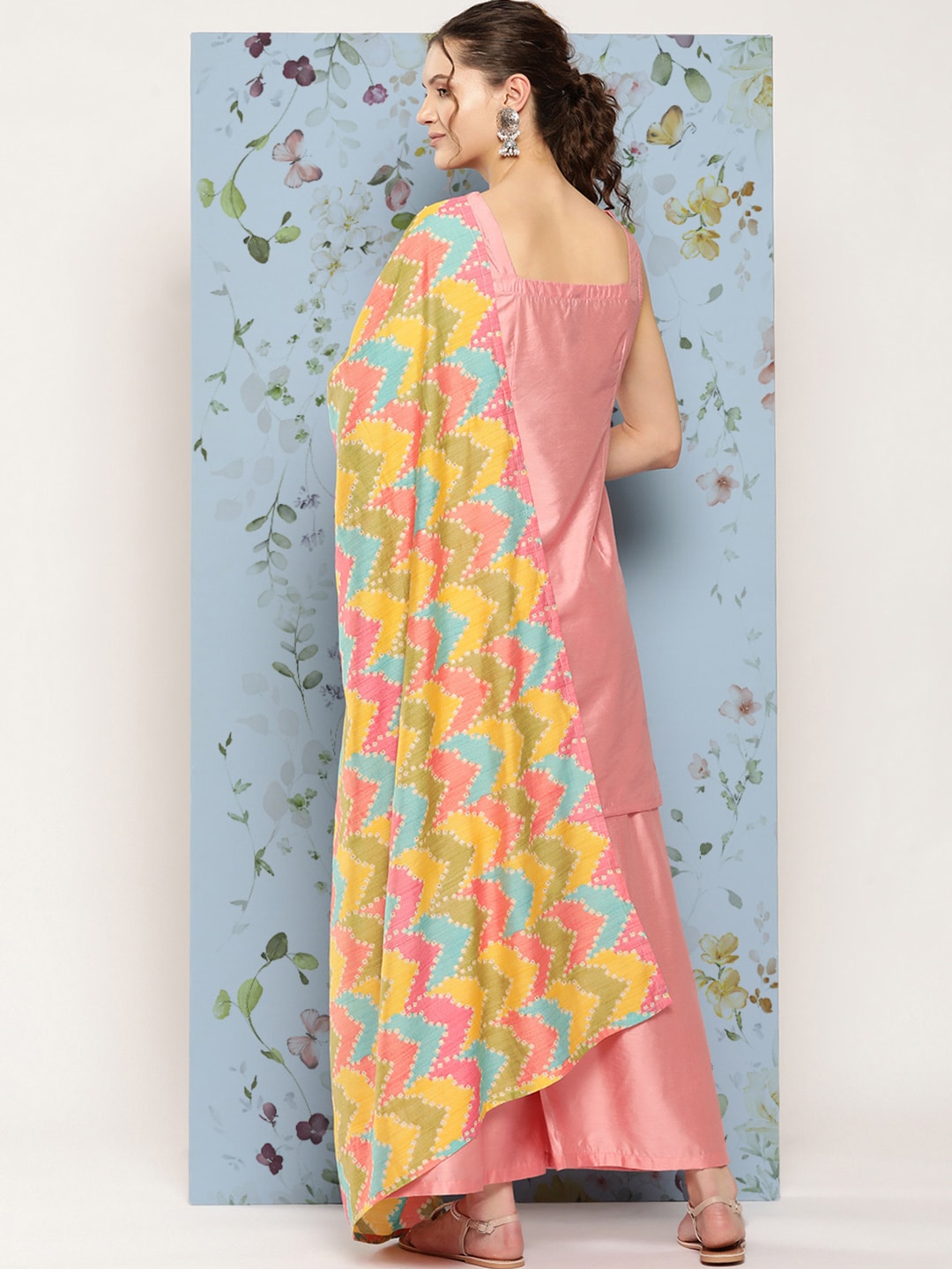 HERE&NOW Shoulder Straps Solid Straight Kurta with Palazzos & Printed Dupatta - Distacart