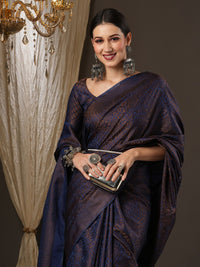 Thumbnail for Saree Mall Navy Blue & Gold-Toned Woven Design Zari Silk Blend Banarasi Sarees - Distacart