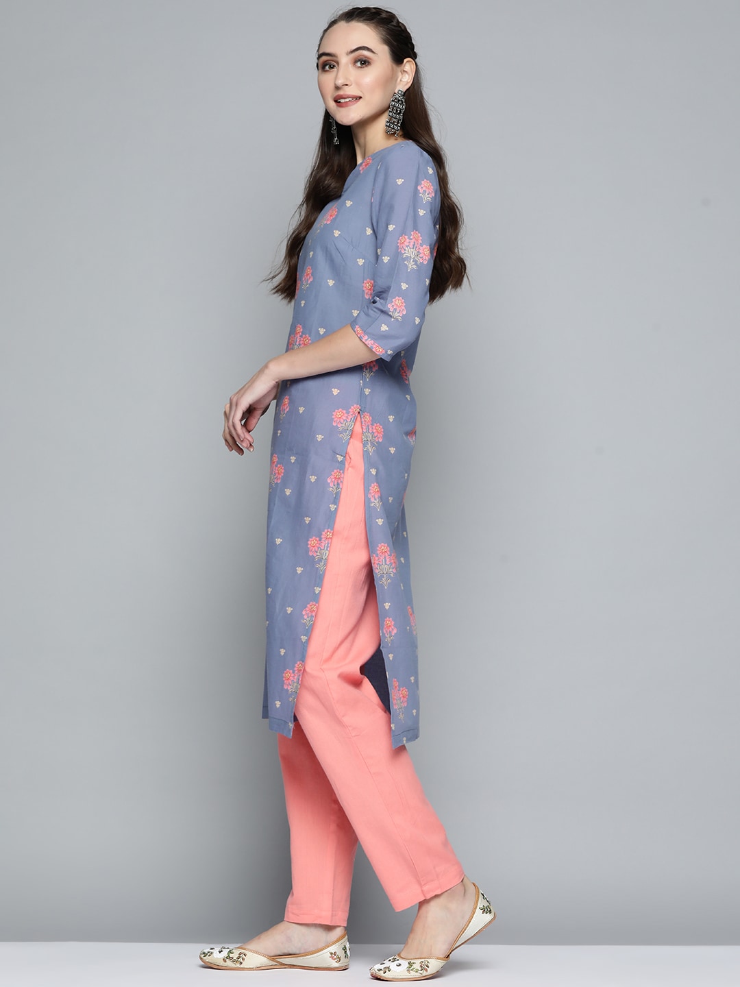 HERE&NOW Women Lavender & Pink Printed Pure Cotton Straight Kurta - Distacart