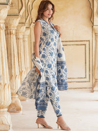 Thumbnail for Kalini Floral Printed V-Neck Pure Cotton Straight Kurta & Trousers With Dupatta - Distacart