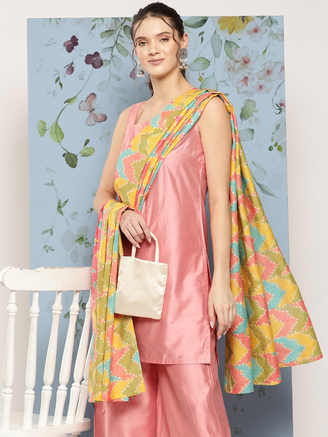 HERE&NOW Shoulder Straps Solid Straight Kurta with Palazzos & Printed Dupatta - Distacart