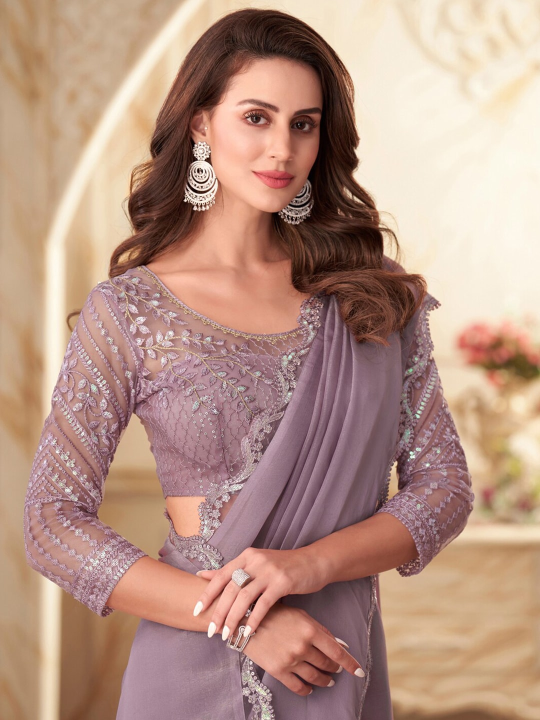 Mitera Pink Embellished Sequinned Poly Georgette Saree - Distacart