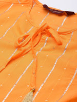 Thumbnail for Sangria Women Jacquard Chanderi Silk Tie-Up Neck Puff Sleeves Kurta With Sequin Detail - Distacart