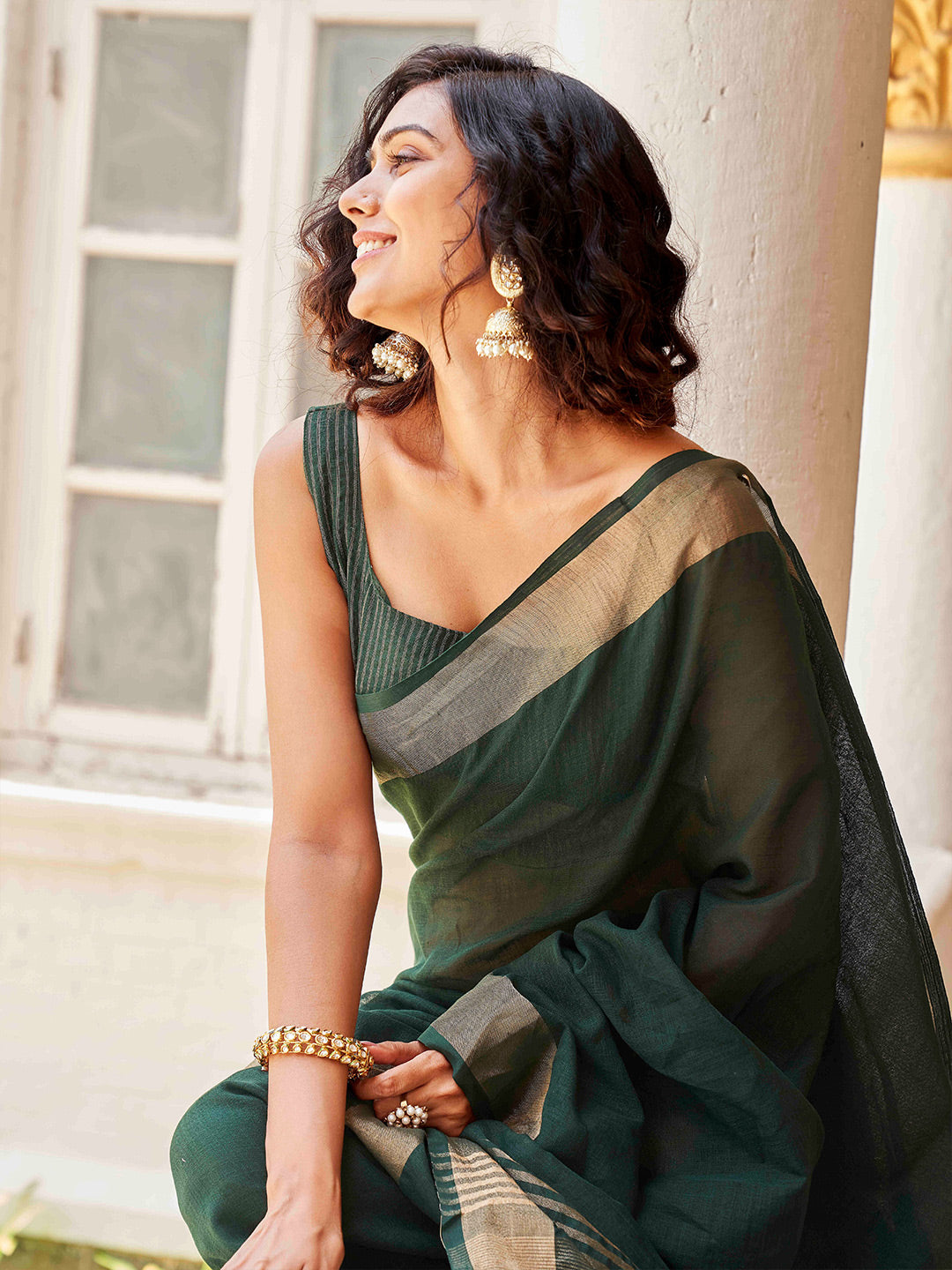 Tikhi Imli Green & Gold-Toned Polycotton Zari Ready to Wear Saree - Distacart