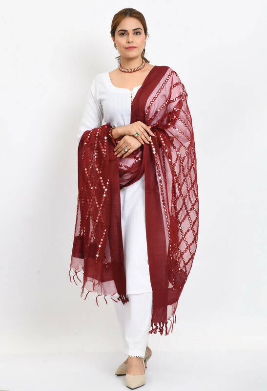 Mominos Fashion Moeza Women's Orgenza Mirror Stripe Thread Work Maroon Dupatta - Distacart