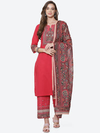 Thumbnail for Biba Women Red Ethnic Motifs Striped Kurta with Palazzos & With Dupatta - Distacart