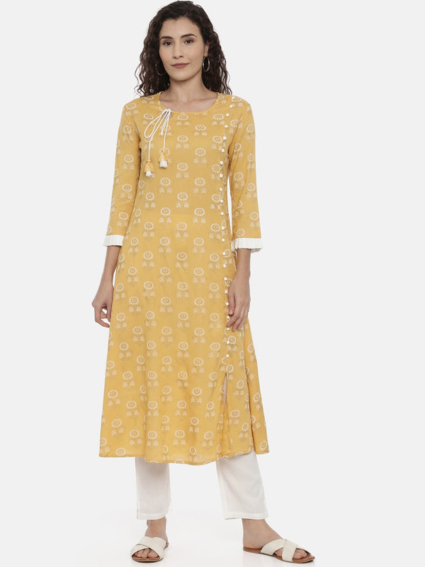 Souchii Mustard Yellow & Off-White Printed Kurta with Trousers - Distacart