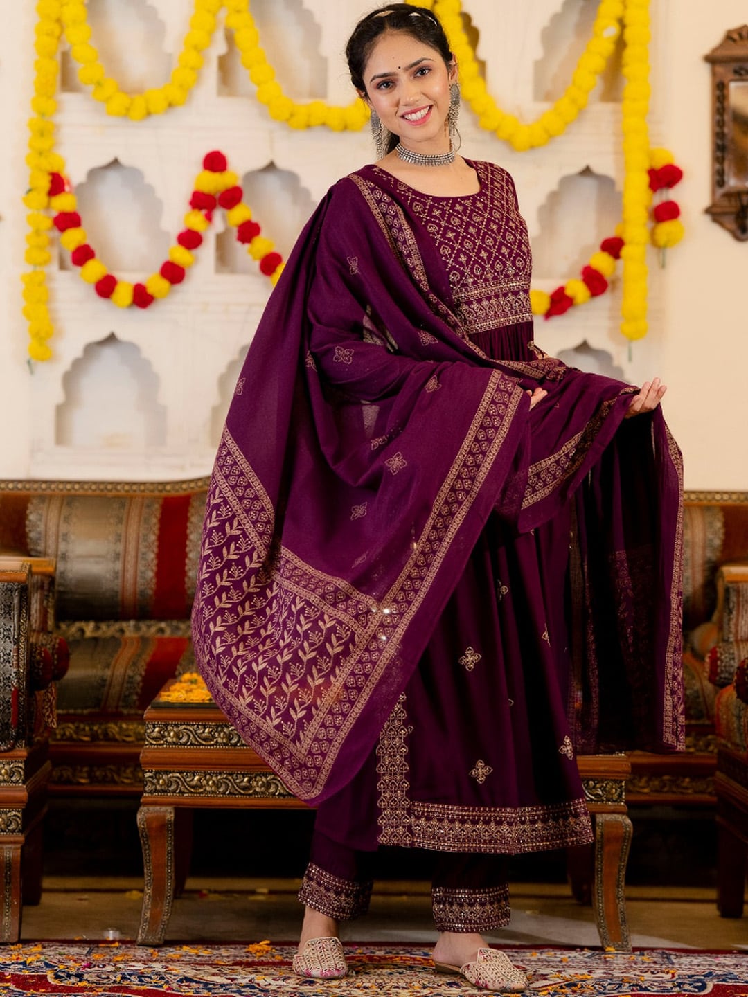 Kalini Ethnic Motifs Embroidered Empire Kurta with Trousers & Pure Cotton Dupatta - Distacart