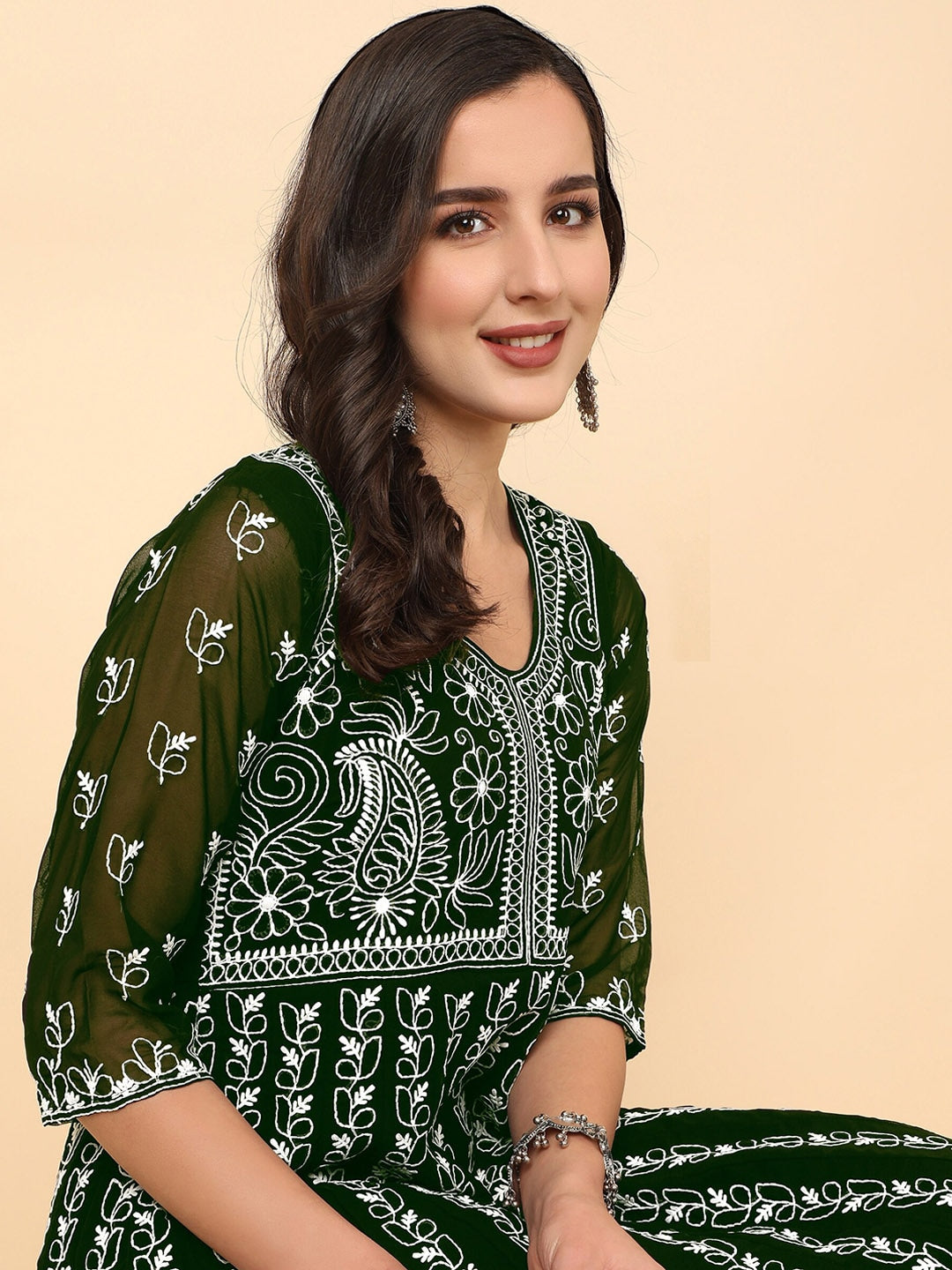 HERE&NOW Chikankari Embroidered Thread Work Georgette Anarkali Kurta - Distacart