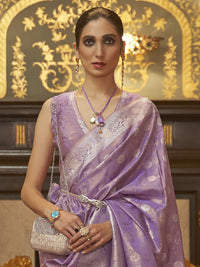 Thumbnail for Mitera Lavender & Gold-Toned Ethnic Motifs Zari Silk Blend Banarasi Saree - Distacart