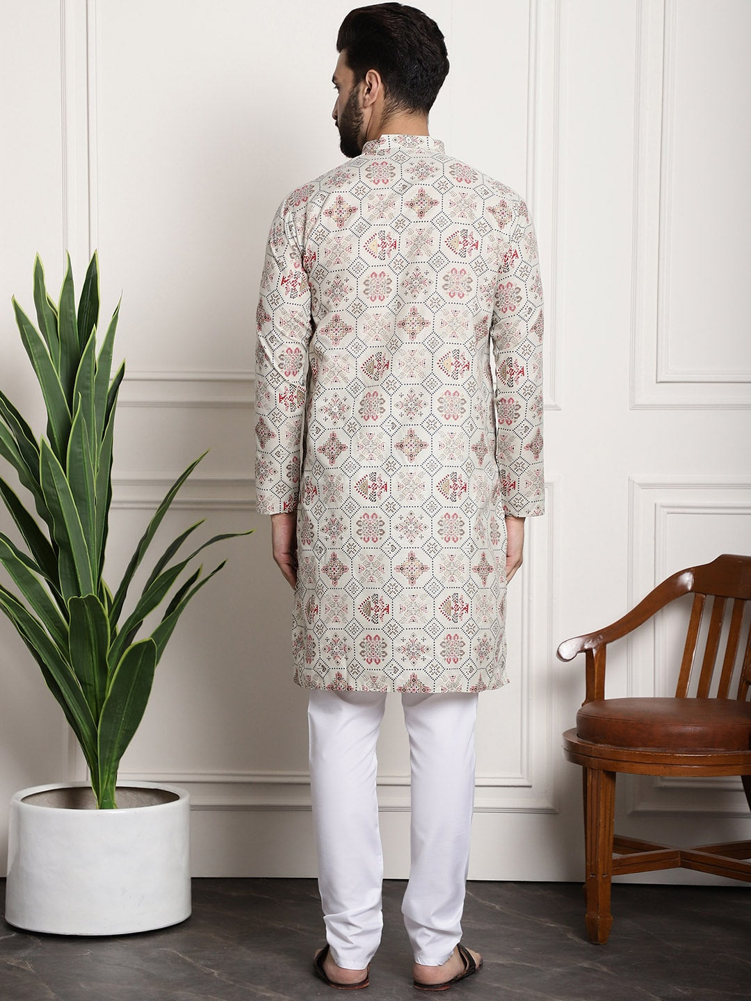 Sojanya Men Beige Printed Cotton Linen Kurta with Churidar - Distacart