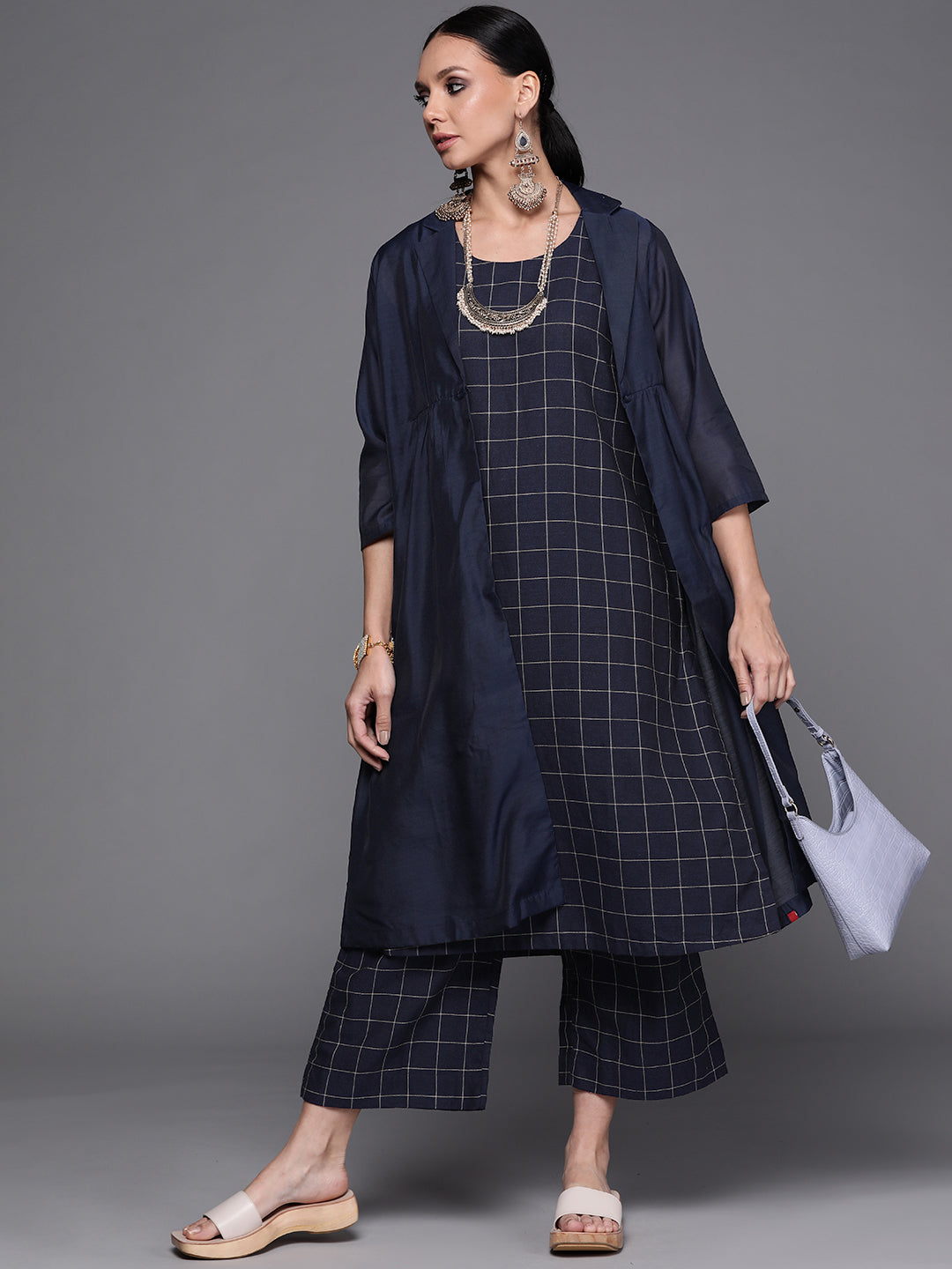 Biba Women Navy Blue & Beige Layered Pure Cotton Kurta with Trousers - Distacart