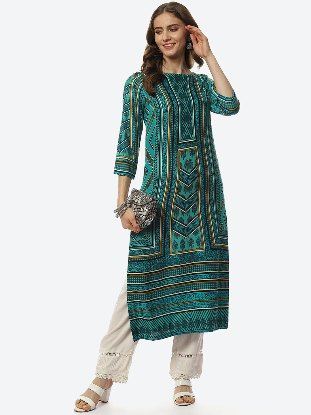 Biba Women Green & Black Printed Straight Kurta - Distacart
