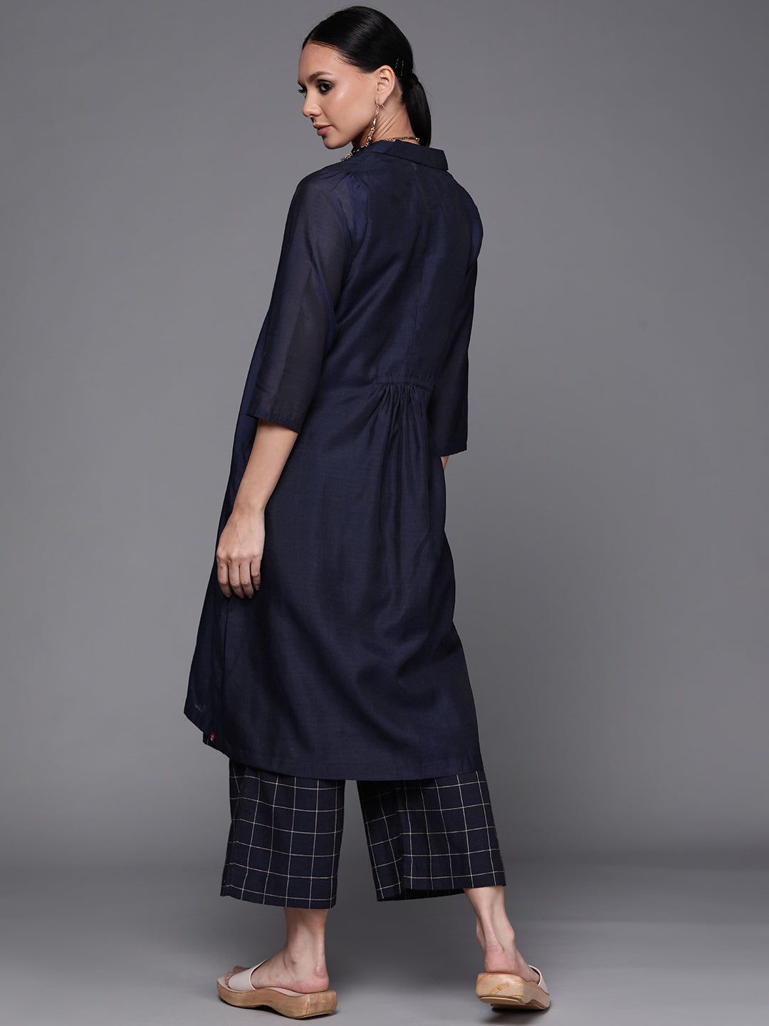 Biba Women Navy Blue & Beige Layered Pure Cotton Kurta with Trousers - Distacart