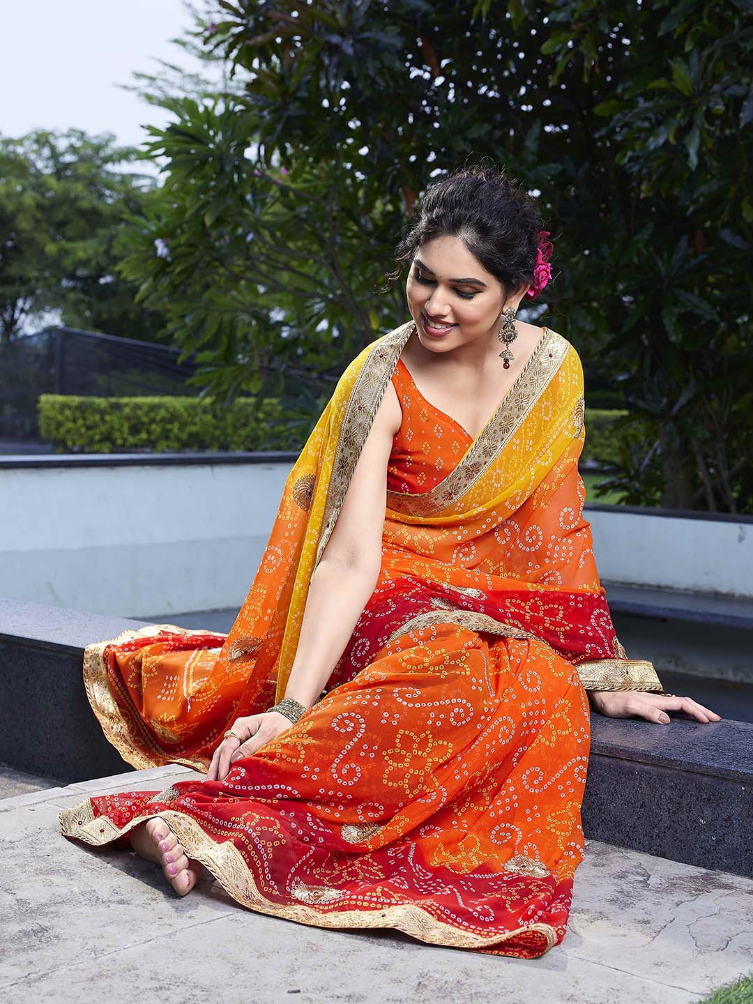 Kalini Red & Yellow Poly Georgette Embroidered Bandhani Saree - Distacart