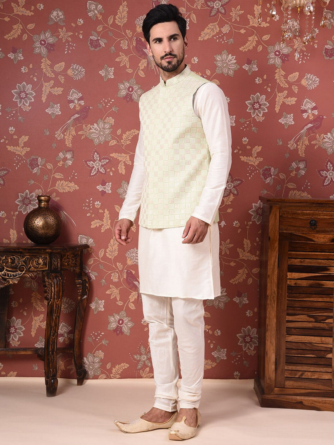 House of Pataudi Straight Kurta With Churidar & Embroidered Nehru Jacket - Distacart