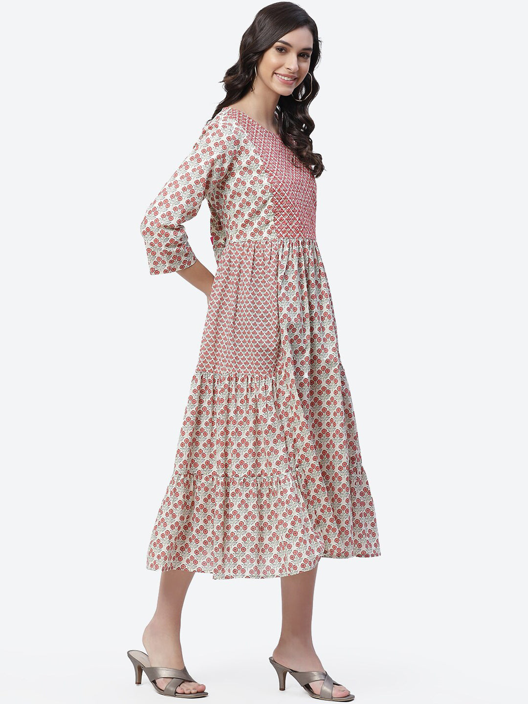 Biba Women Cream-Coloured Ethnic Motifs Printed Flared Sleeves Anarkali Kurta - Distacart