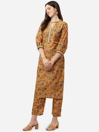 Thumbnail for HERE&NOW Women Mustard Yellow Floral Printed Kurti with Trousers - Distacart