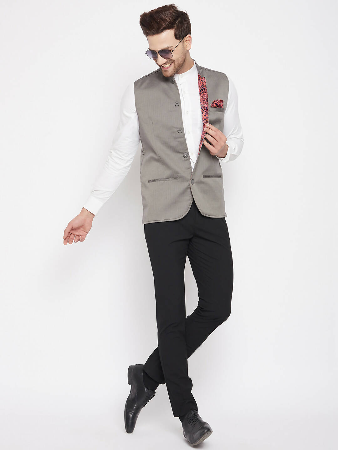 Even Apparels Grey Polyester Men's Nehru Jacket-Contrast Lining-Inbuilt Pocket Square - Distacart