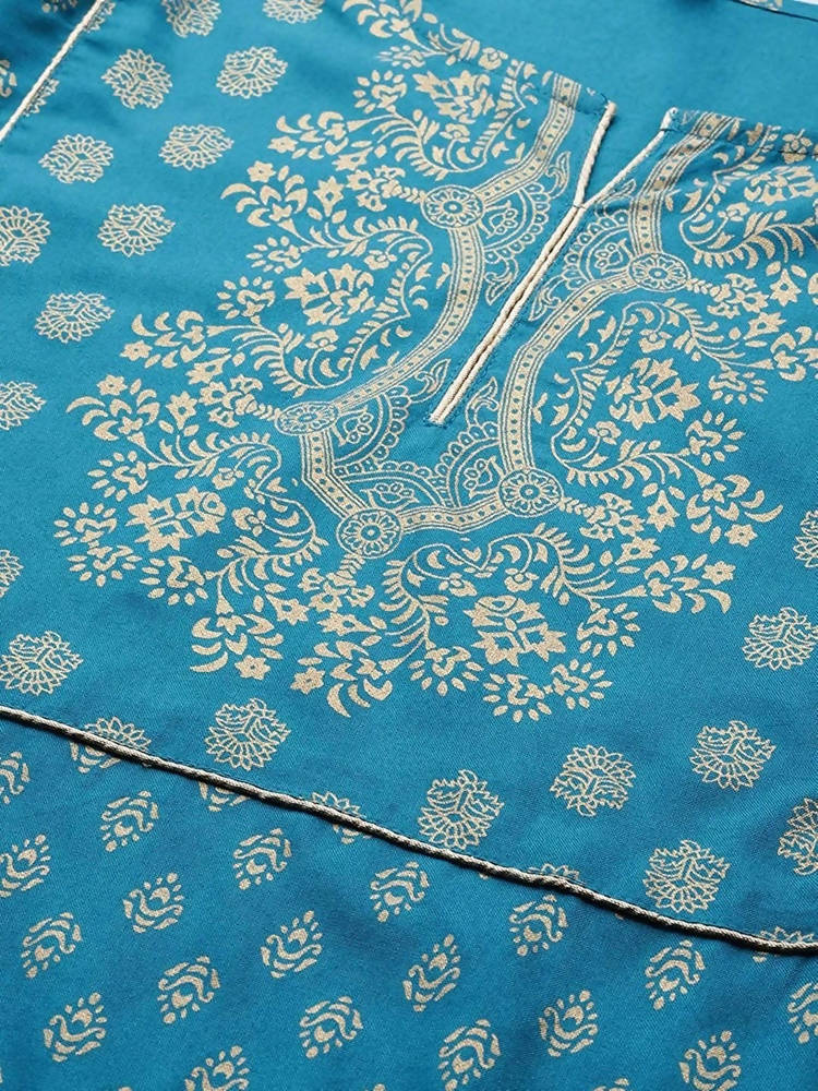 Yufta Women Teal Blue & Golden Printed Kurta with Trouser