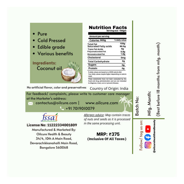 Oilcure Coconut Oil Cold Pressed - Distacart