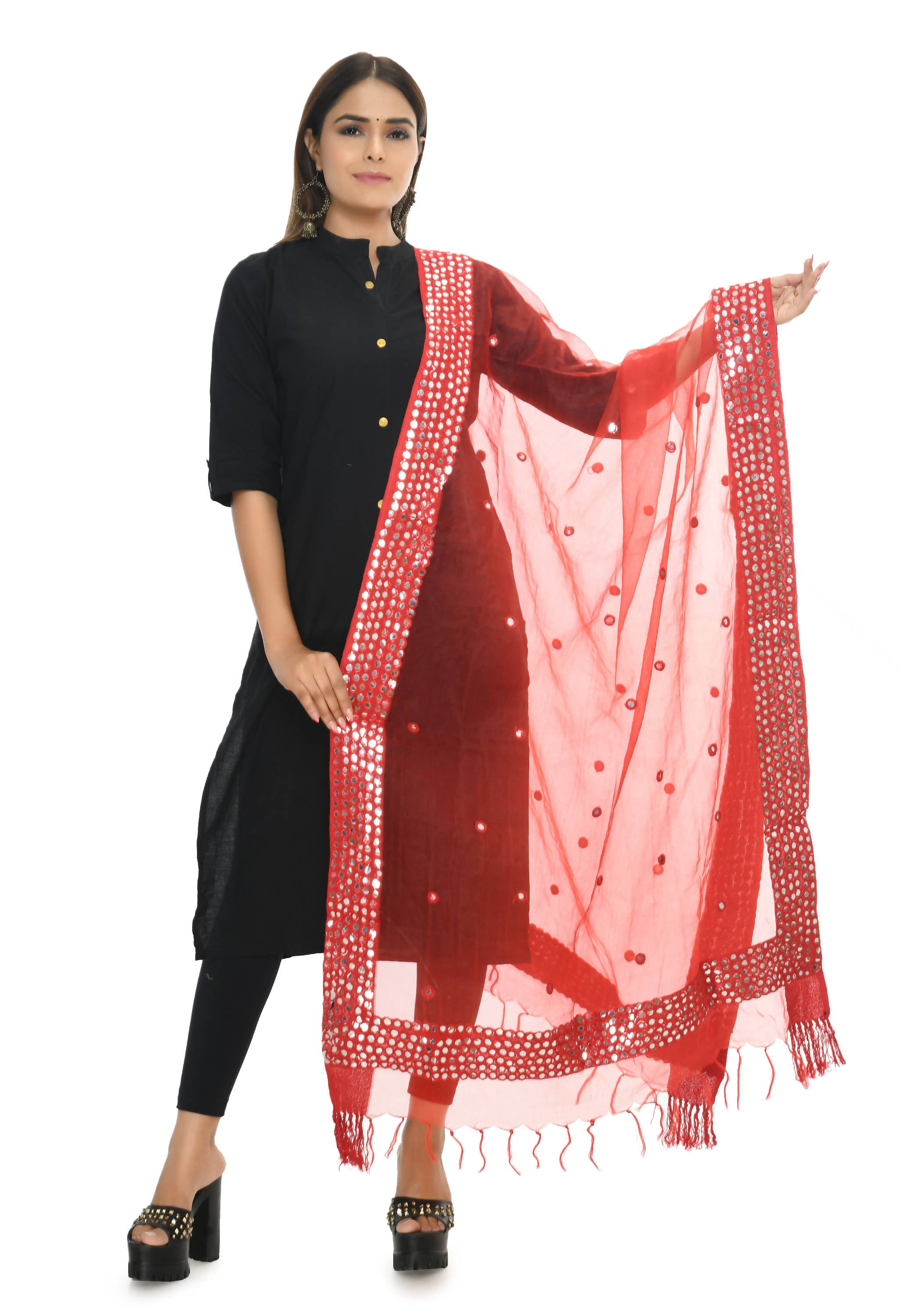 Mominos Fashion Moeza 6 Line Mirror Border Red Dupatta - Distacart