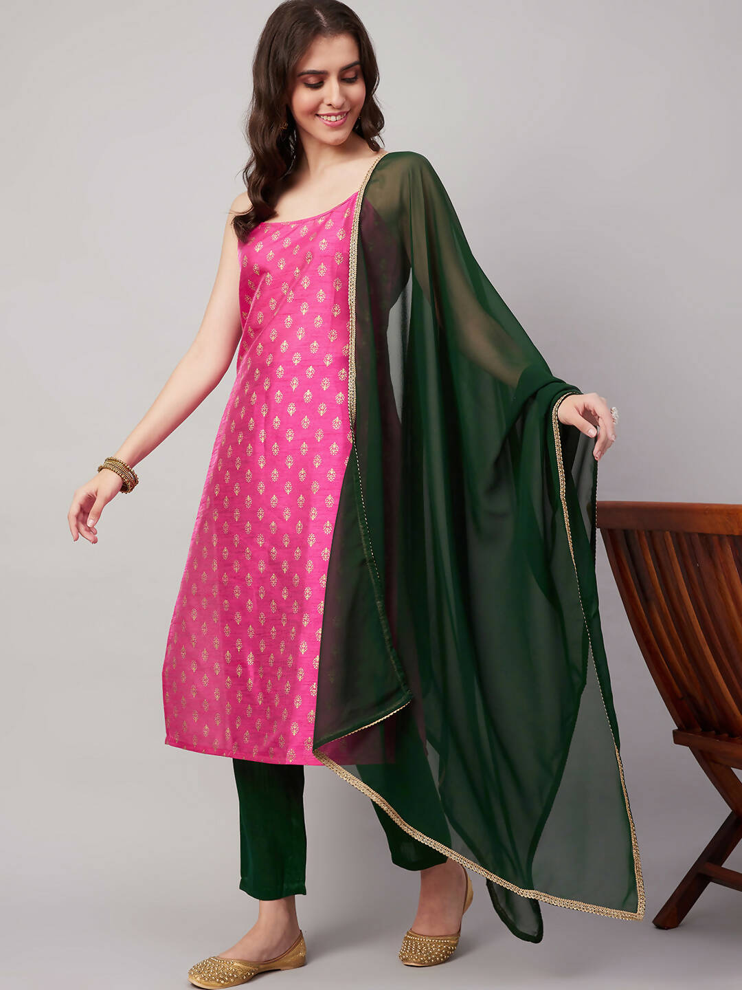 Magenta Pink and Green Polyester Printed Kurta with Trousers & Dupatta - Vishwa - Distacart