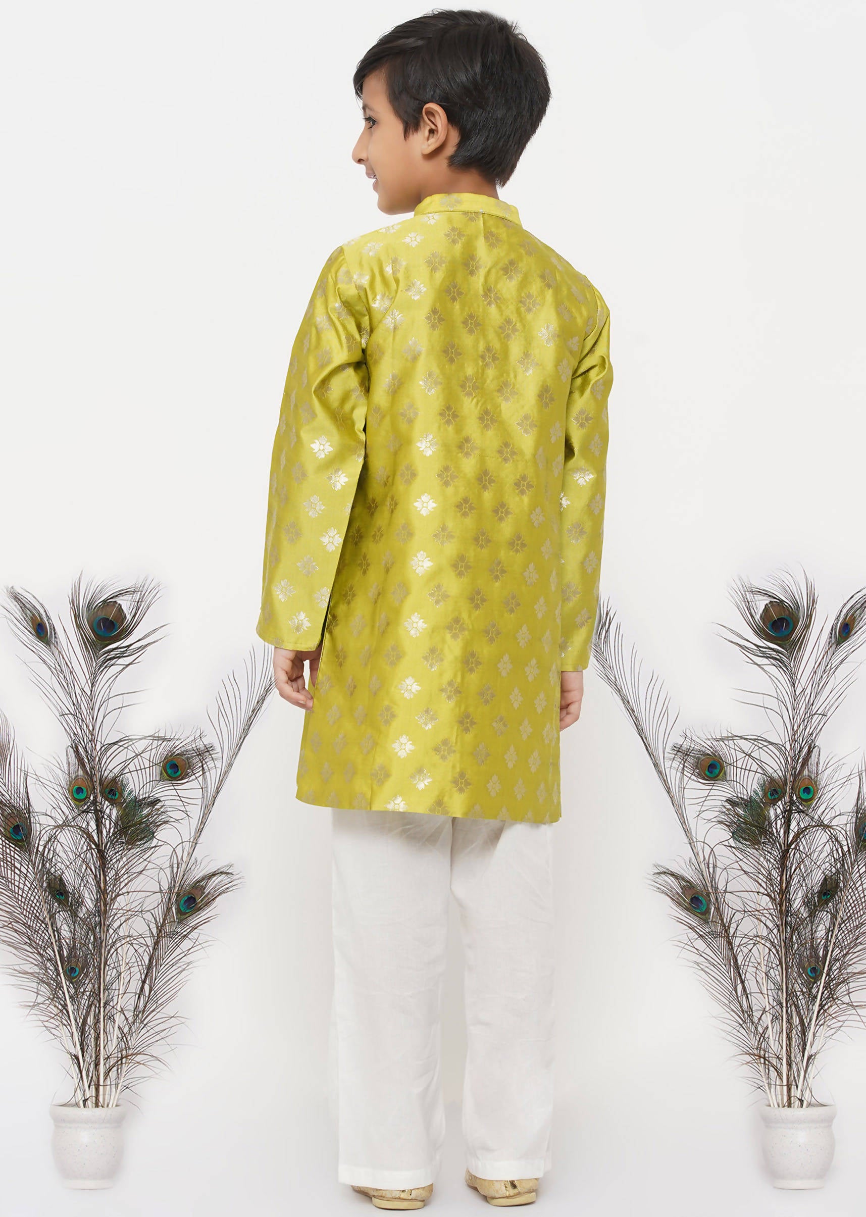 Little Bansi Banarsi Silk Sherwani & Pyjama - Apple Green & Cream - Distacart