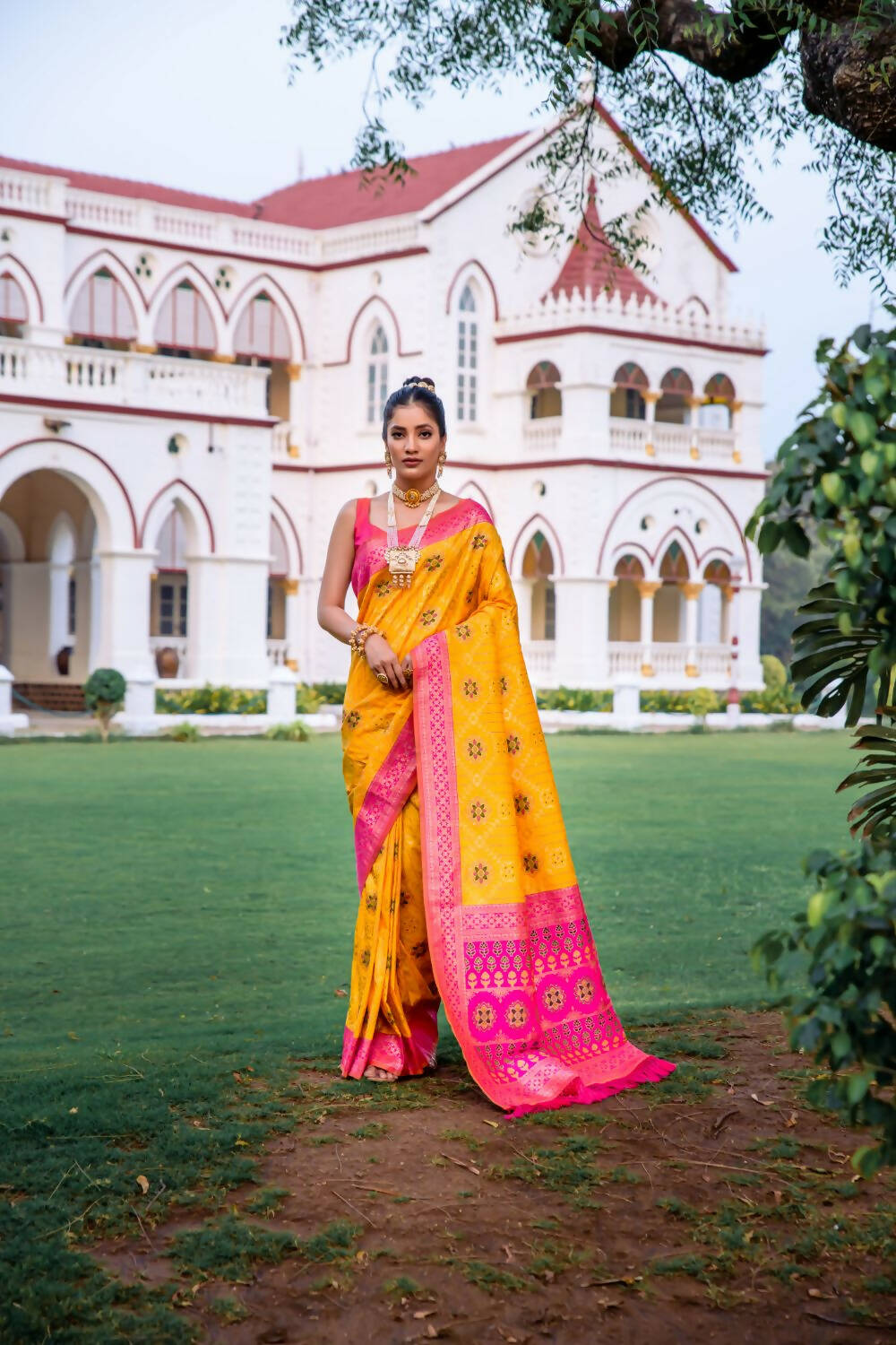 Vishnu Weaves Women's Yellow Patola Banarasi Silk Meenakari Zari Woven Saree with Blouse - Distacart