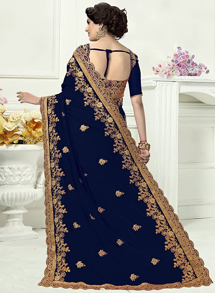 Panash Trends Women's Blue Silk Heavy Embroidery Saree